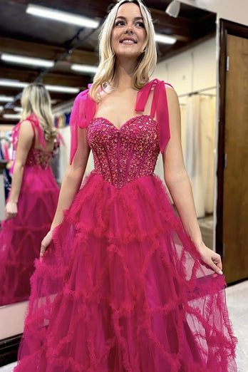 Sparkly Princess Fuchsia Tulle Corset Ball Gown Long Prom Dress with Ruffles