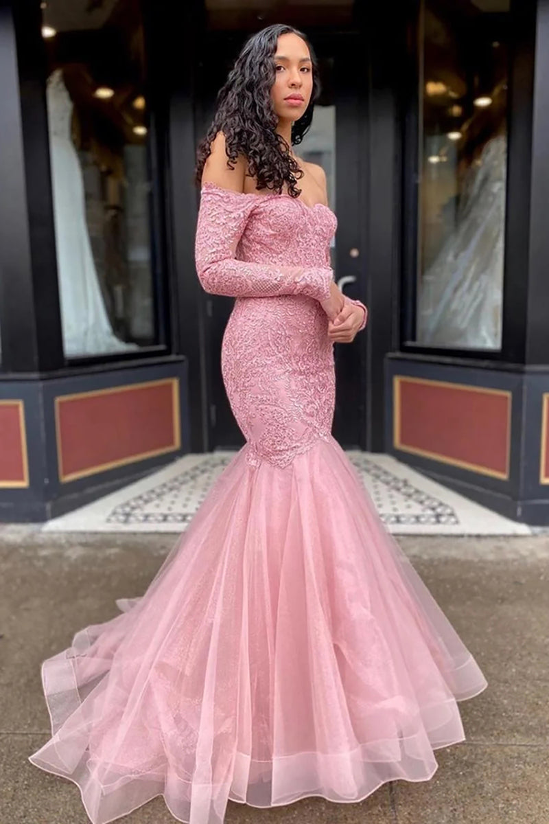 Load image into Gallery viewer, Glitter Royal Blue Lace Long Sleeves Mermaid Long Prom Dress with Ruffles