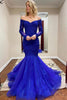 Load image into Gallery viewer, Glitter Royal Blue Lace Long Sleeves Mermaid Long Prom Dress with Ruffles