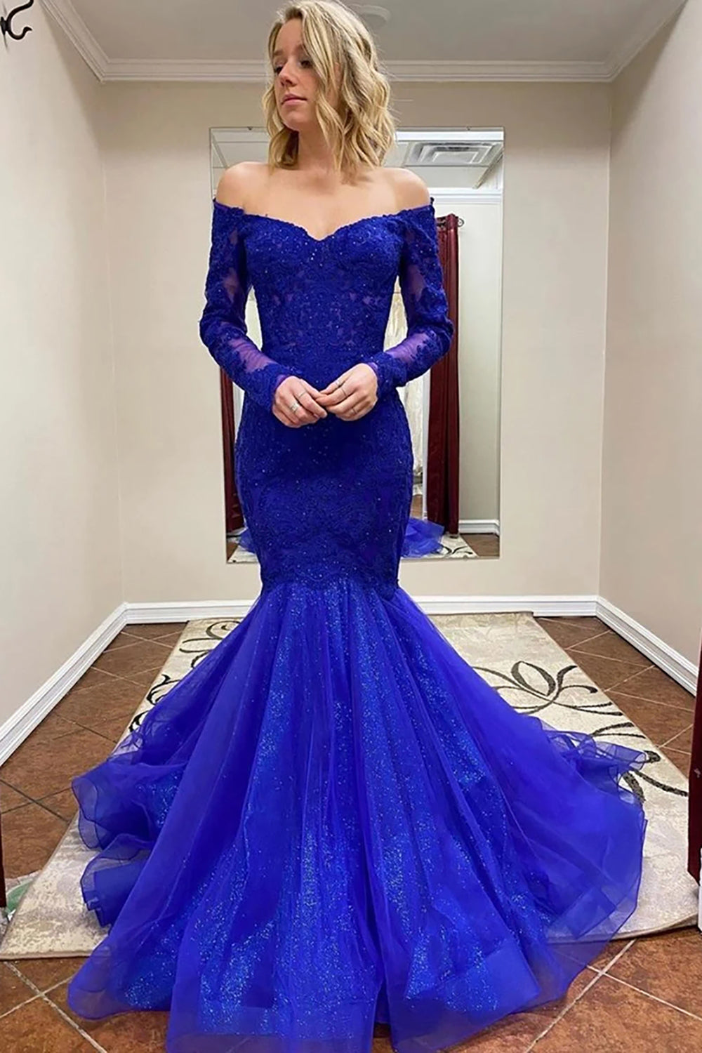 Glitter Royal Blue Lace Long Sleeves Mermaid Long Prom Dress with Ruffles