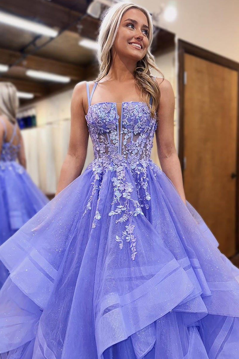 Load image into Gallery viewer, Glitter Princess Lavender Tulle Corset Ball Gown Long Prom Dress with Appliques