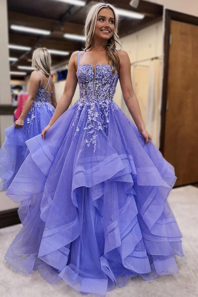 Glitter Princess Lavender Tulle Corset Ball Gown Long Prom Dress with Appliques