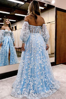 Load image into Gallery viewer, Princess Light Blue Lace Floral Corset Ball Gown Long Prom Dress with Slit