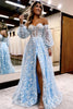 Load image into Gallery viewer, Princess Light Blue Lace Floral Corset Ball Gown Long Prom Dress with Slit