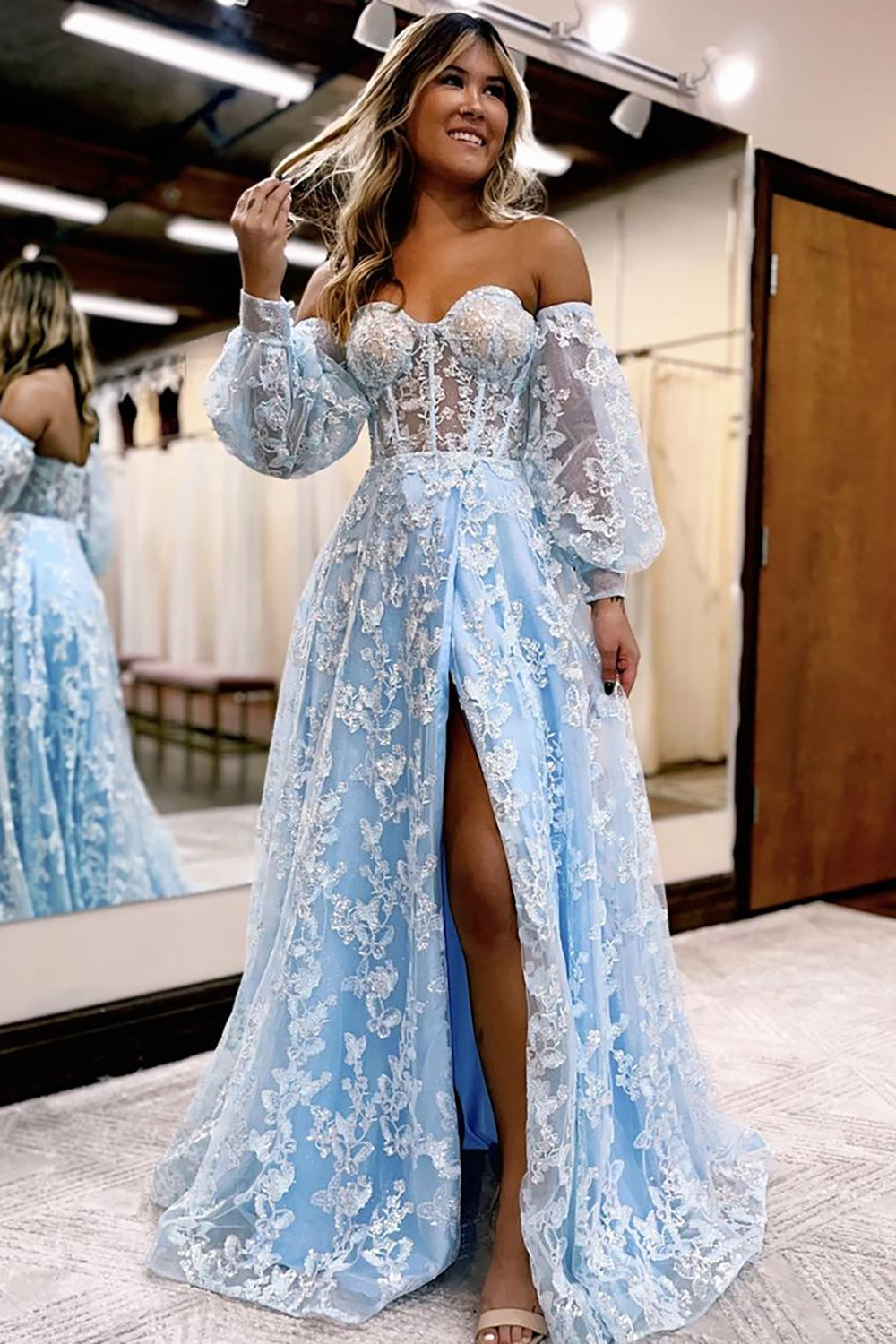 Princess Light Blue Lace Floral Corset Ball Gown Long Prom Dress with Slit