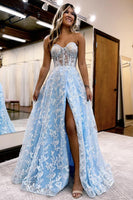 Load image into Gallery viewer, Princess Light Blue Lace Floral Corset Ball Gown Long Prom Dress with Slit