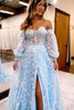 Load image into Gallery viewer, Princess Light Blue Lace Floral Corset Ball Gown Long Prom Dress with Slit