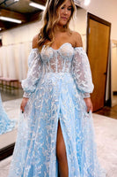 Load image into Gallery viewer, Princess Light Blue Lace Floral Corset Ball Gown Long Prom Dress with Slit