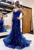 Load image into Gallery viewer, Sparkly Navy Sequin Mermaid Long Prom Dress with Appliques