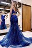 Load image into Gallery viewer, Sparkly Navy Sequin Mermaid Long Prom Dress with Appliques
