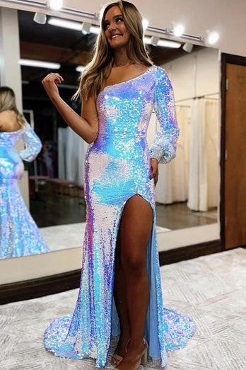 Sparkly White Metallic Long Sleeve Mermaid Long Prom Dress with Slit