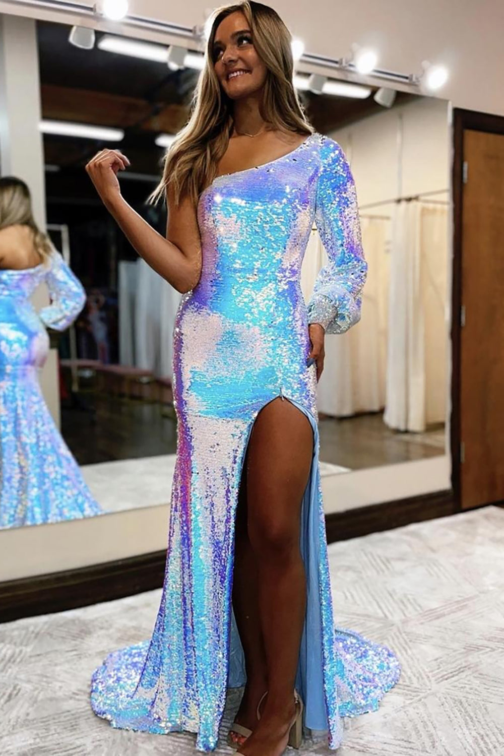Sparkly White Metallic Long Sleeve Mermaid Long Prom Dress with Slit