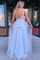 Load image into Gallery viewer, Princess Light Blue Chiffon Floral Ball Gown Long Prom Dress with Slit