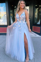 Load image into Gallery viewer, Princess Light Blue Chiffon Floral Ball Gown Long Prom Dress with Slit