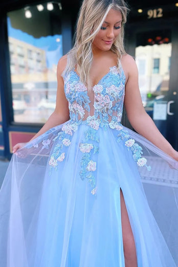 Princess Light Blue Chiffon Floral Ball Gown Long Prom Dress with Slit