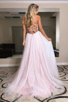 Load image into Gallery viewer, Sparkly Princess Pink Beaded Tulle A Line Long Prom Dress with Slit