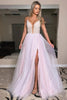 Load image into Gallery viewer, Sparkly Princess Pink Beaded Tulle A Line Long Prom Dress with Slit