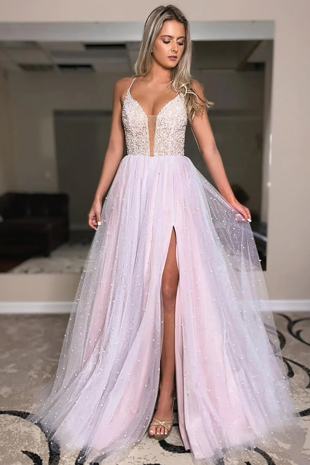 Sparkly Princess Pink Beaded Tulle A Line Long Prom Dress with Slit