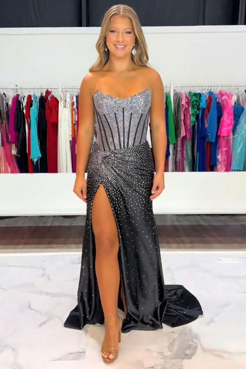 Load image into Gallery viewer, Sparkly Golden Mermaid Beaded Corset Strapless Long Prom Dress with Slit