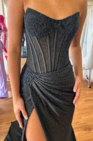 Load image into Gallery viewer, Sparkly Golden Mermaid Beaded Corset Strapless Long Prom Dress with Slit