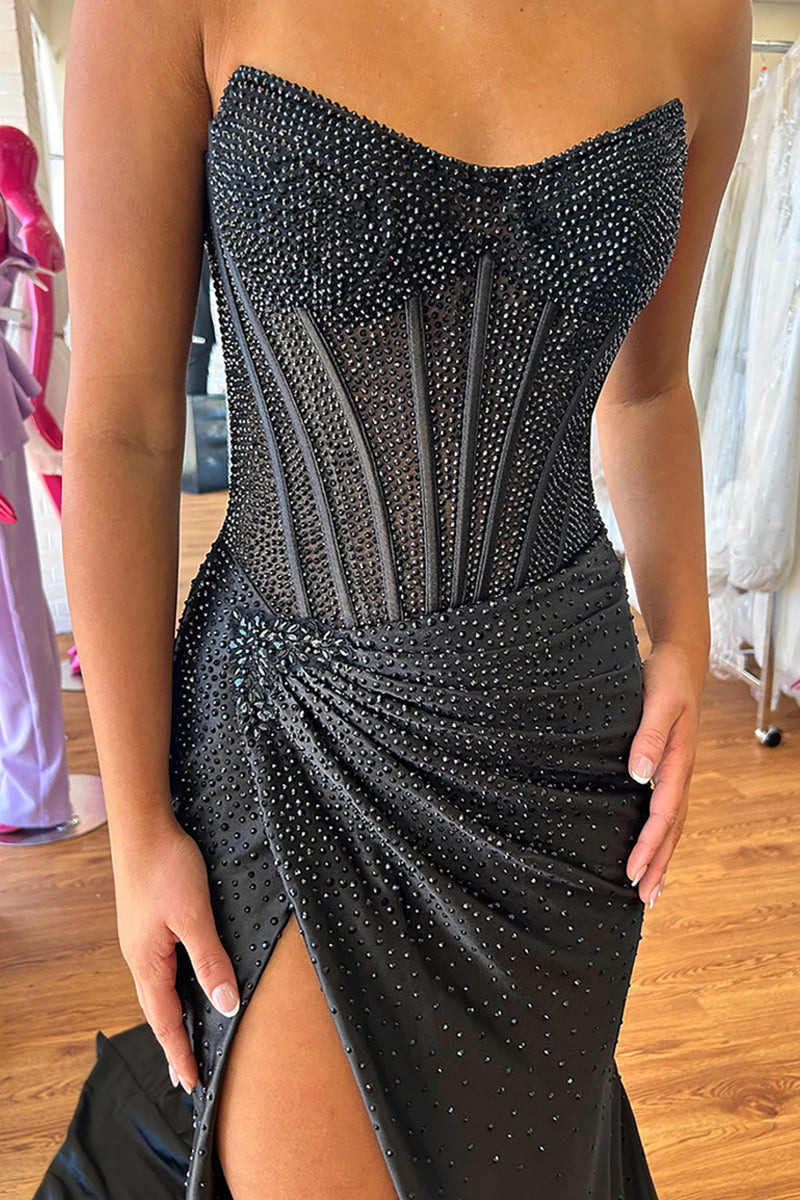 Load image into Gallery viewer, Sparkly Golden Mermaid Beaded Corset Strapless Long Prom Dress with Slit