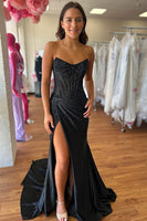 Load image into Gallery viewer, Sparkly Golden Mermaid Beaded Corset Strapless Long Prom Dress with Slit