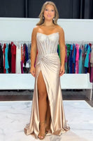 Load image into Gallery viewer, Sparkly Golden Mermaid Beaded Corset Strapless Long Prom Dress with Slit