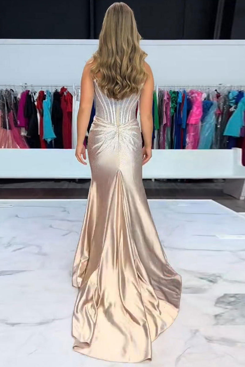 Load image into Gallery viewer, Sparkly Golden Mermaid Beaded Corset Strapless Long Prom Dress with Slit