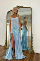 Load image into Gallery viewer, Sparkly Golden Mermaid Beaded Corset Strapless Long Prom Dress with Slit