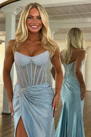 Load image into Gallery viewer, Sparkly Golden Mermaid Beaded Corset Strapless Long Prom Dress with Slit