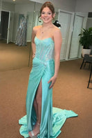 Load image into Gallery viewer, Sparkly Golden Mermaid Beaded Corset Strapless Long Prom Dress with Slit