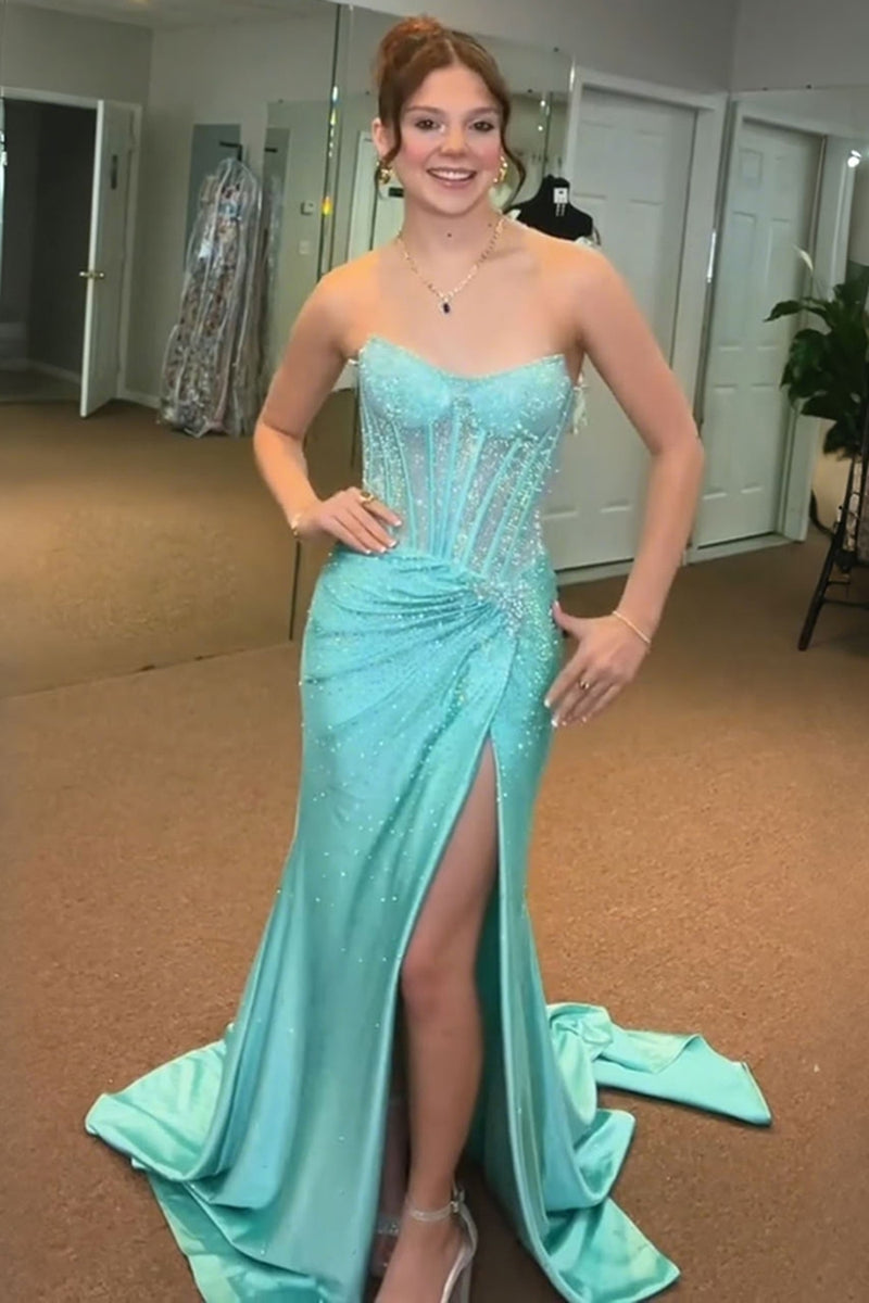 Load image into Gallery viewer, Sparkly Golden Mermaid Beaded Corset Strapless Long Prom Dress with Slit