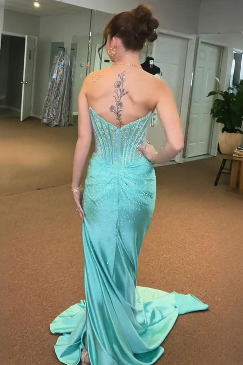 Load image into Gallery viewer, Sparkly Golden Mermaid Beaded Corset Strapless Long Prom Dress with Slit