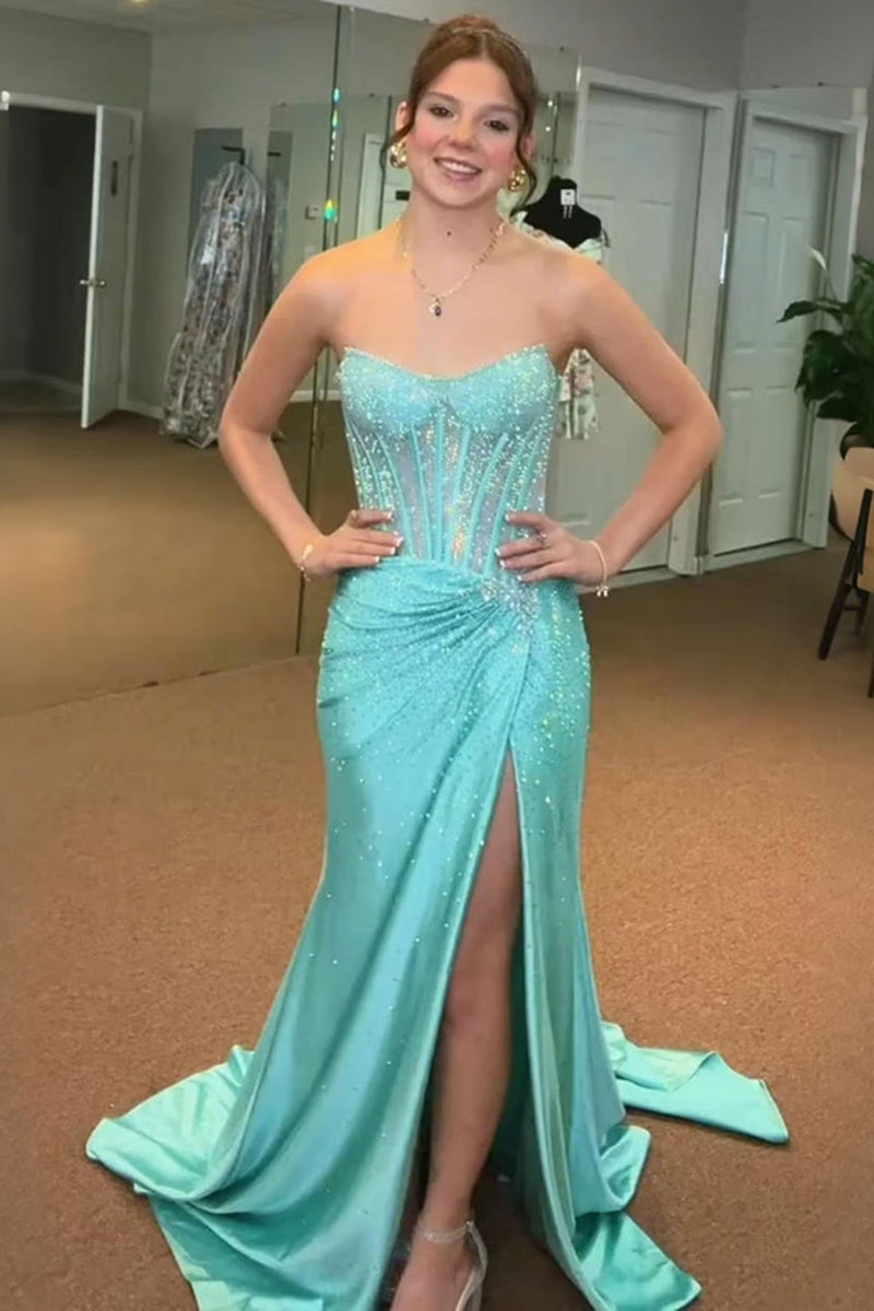 Load image into Gallery viewer, Sparkly Golden Mermaid Beaded Corset Strapless Long Prom Dress with Slit