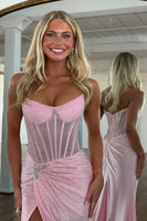 Load image into Gallery viewer, Sparkly Golden Mermaid Beaded Corset Strapless Long Prom Dress with Slit