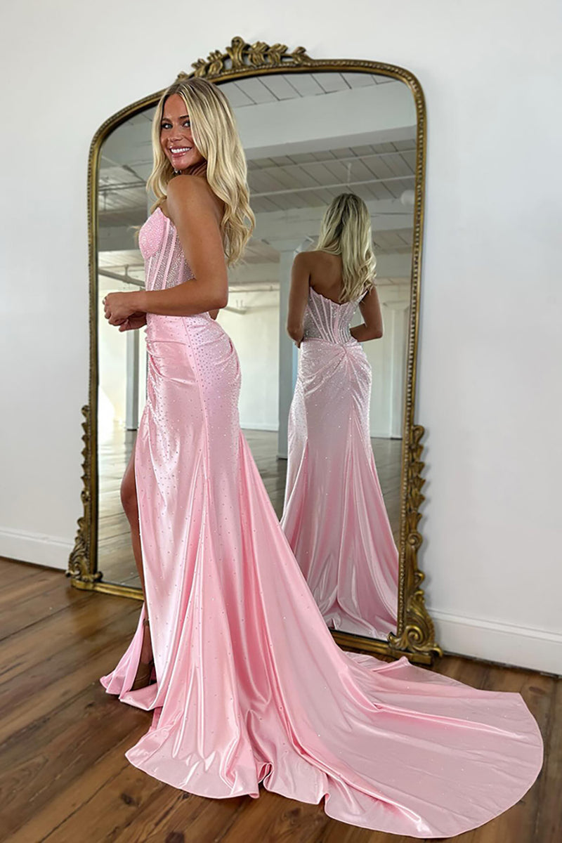 Load image into Gallery viewer, Sparkly Golden Mermaid Beaded Corset Strapless Long Prom Dress with Slit