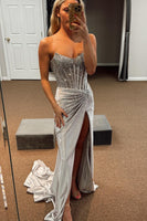 Load image into Gallery viewer, Sparkly Golden Mermaid Beaded Corset Strapless Long Prom Dress with Slit
