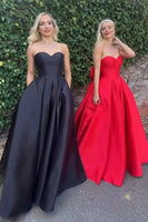 Load image into Gallery viewer, Women Elegant Red Satin Prom Dress with Bow A Line Strapless Long Formal Dress
