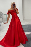 Load image into Gallery viewer, Red Corset Satin A Line Long Prom Dress with Flowers