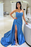 Load image into Gallery viewer, Blue Mermaid Ruched Strapless Long Satin Prom Dress with Slit