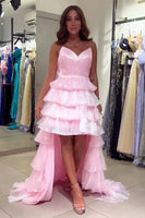Load image into Gallery viewer, Pink Strapless Tiered High Low Long Prom Dress with Sweep Train