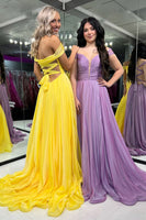 Load image into Gallery viewer, Lilac Off the Shoulder A Line Long Ruched Prom Dress
