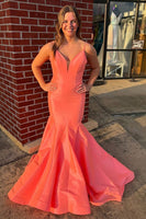 Load image into Gallery viewer, Orange Mermaid Spaghetti Straps Backless Long Satin Prom Dress