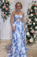 Load image into Gallery viewer, White Blue Flower Chiffon Tiered Sweetheart Long Corset Prom Dress