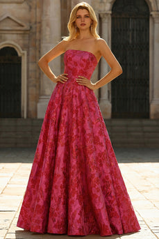 Fuchsia Floral A Line Strapless Long Prom Dress with Embroidery