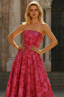 Load image into Gallery viewer, Fuchsia Strapless Floral A Line Long Prom Dress with Embroidery
