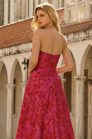 Load image into Gallery viewer, Fuchsia Strapless Floral A Line Long Prom Dress with Embroidery