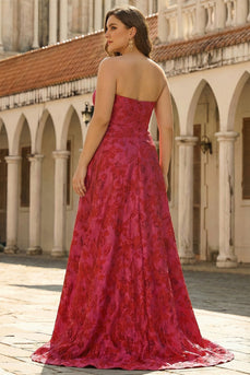 Fuchsia Plus Size Floral Strapless A Line Long Prom Dress with Embroidery