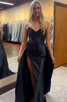 Load image into Gallery viewer, Black Mermaid Strapless Ruched Long Satin Prom Dress with Slit