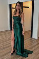Load image into Gallery viewer, Sparkly Dark Green Mermaid Strapless Satin Long Corset Prom Dress with Slit